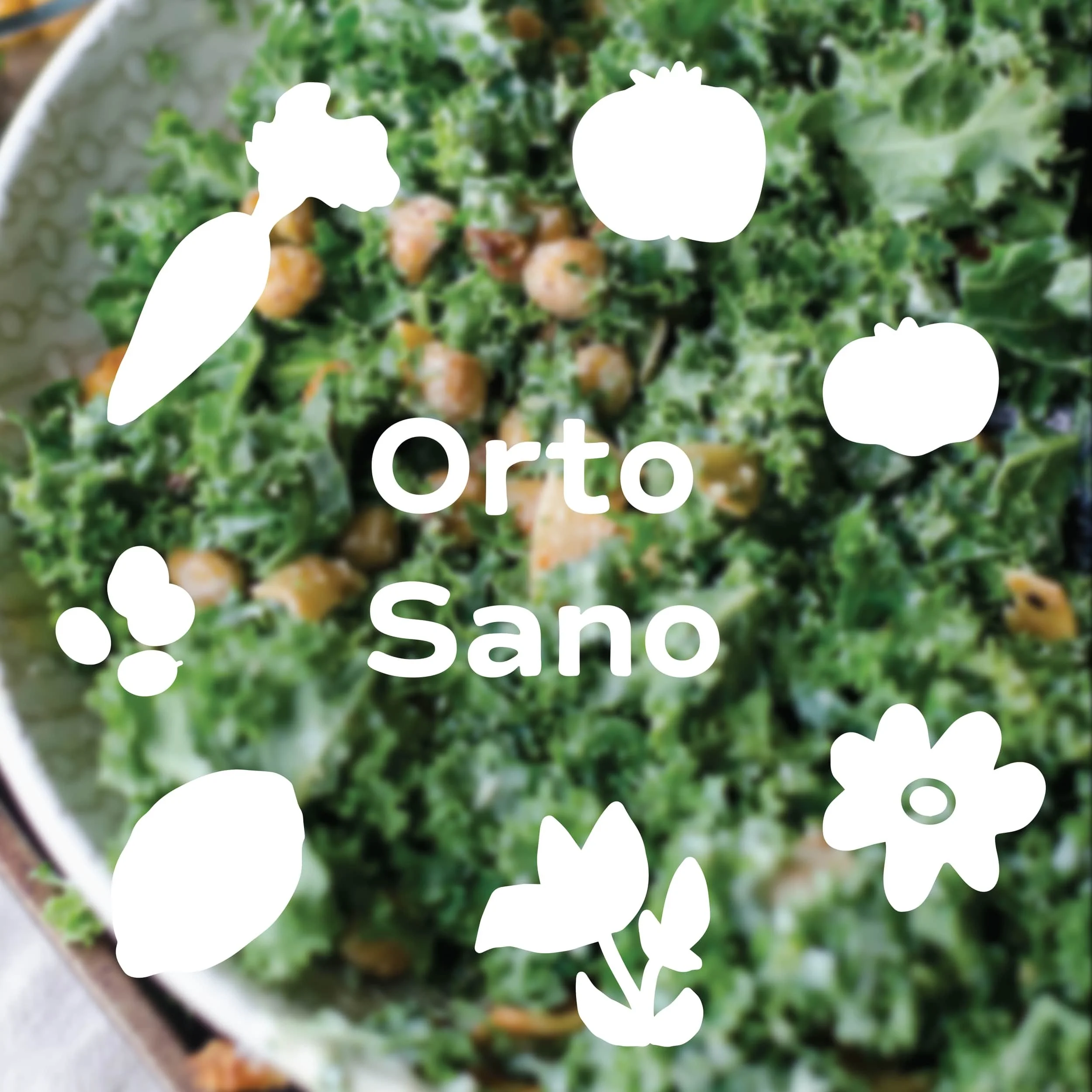 A vegetable garden with leafy greens and small yellow vegetables, overlaid with white plant icons and the words "Orto Sano" in bold white letters.
