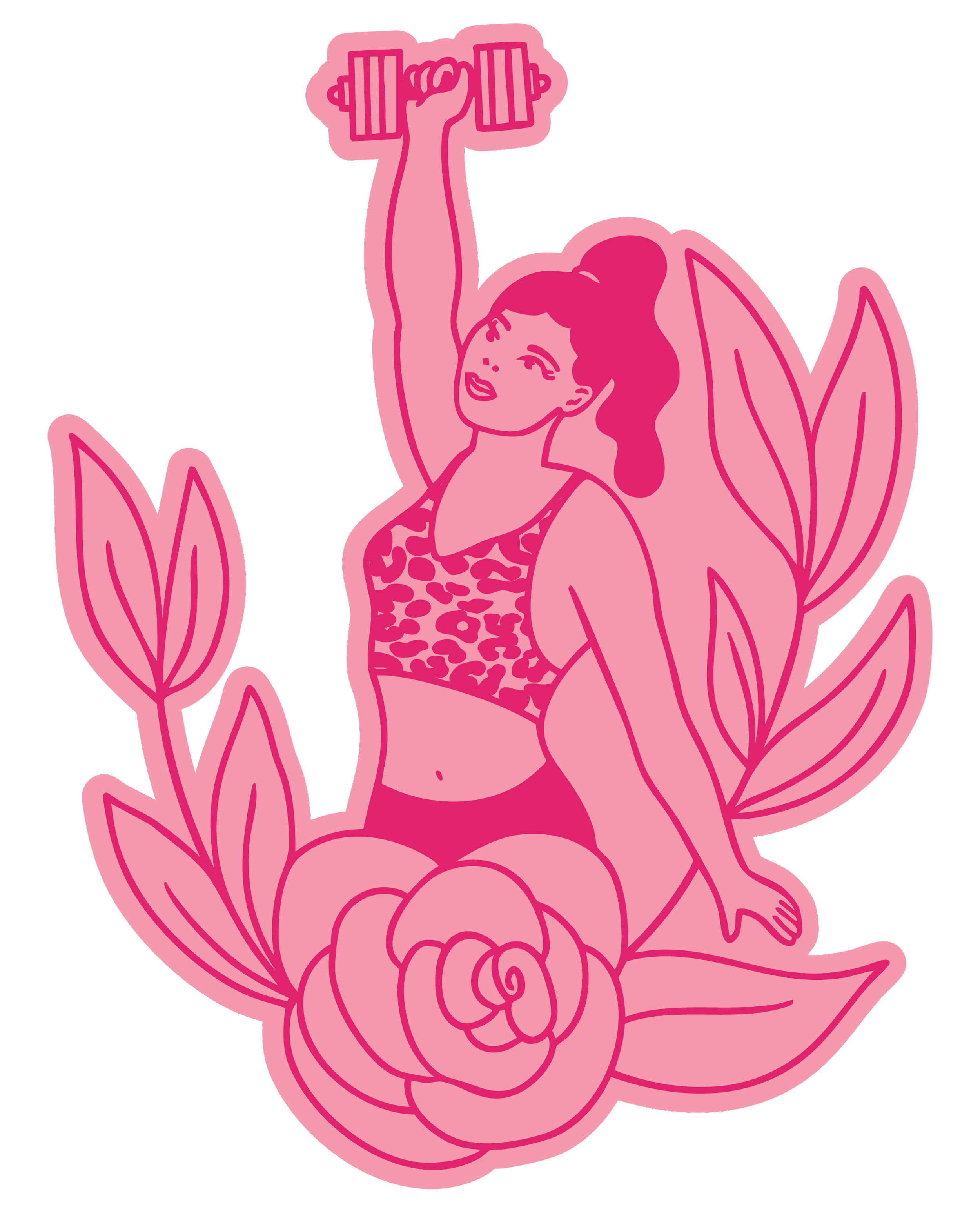 Illustration of a woman with fairy wings holding a dumbbell, surrounded by flowers, in pink tones.