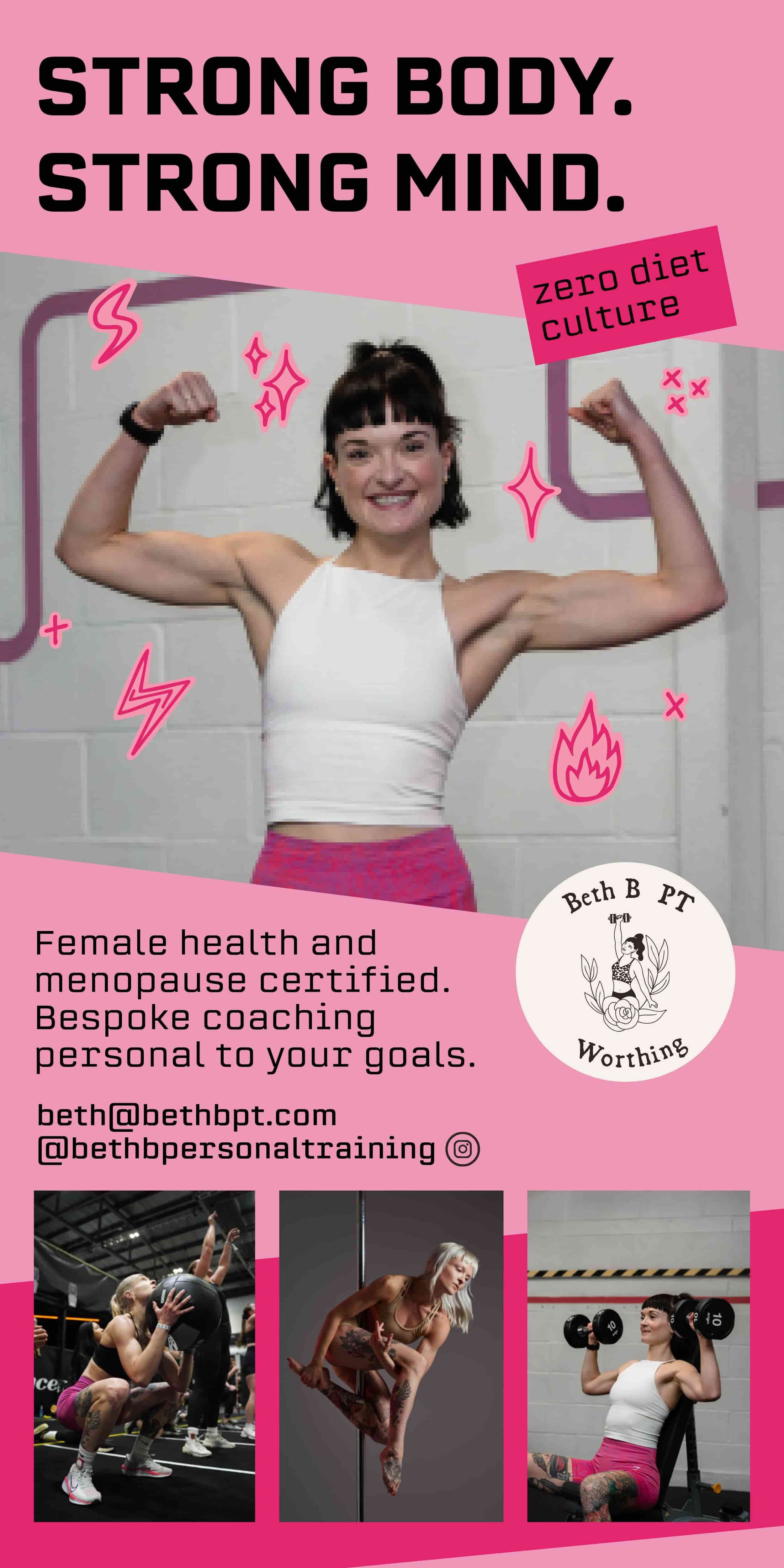 A fitness coaching advertisement featuring a woman flexing her muscles, surrounded by doodles of lightning bolts, stars, a fire symbol, and a pink background with text promoting female health, menopause certification, and personal coaching services. Includes contact info and images of women engaging in strength training and pole dancing.