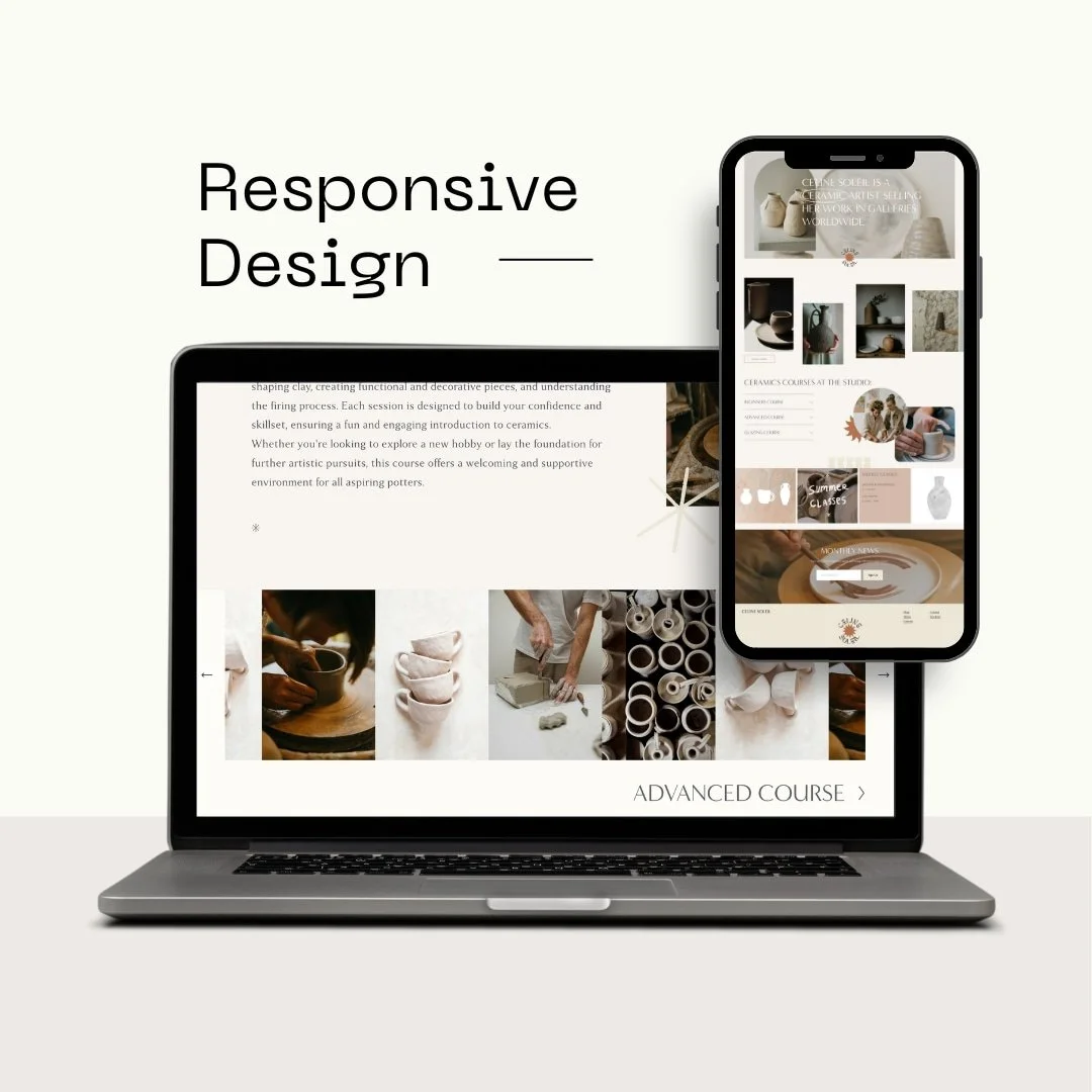 Laptop and smartphone displaying a website with ceramic pottery images and text highlighting responsive design.