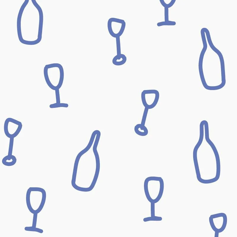 Pattern of hand-drawn blue bottles and wine glasses on a white background.