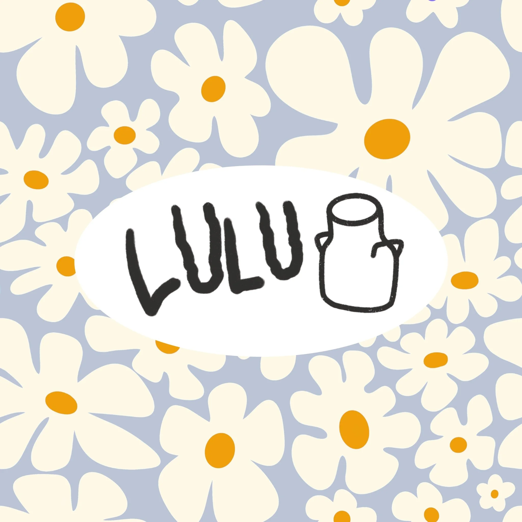 Pattern of white daisies with orange centers on a light blue background, with the word 'LULU' and a simple illustration of a watering can in the center.