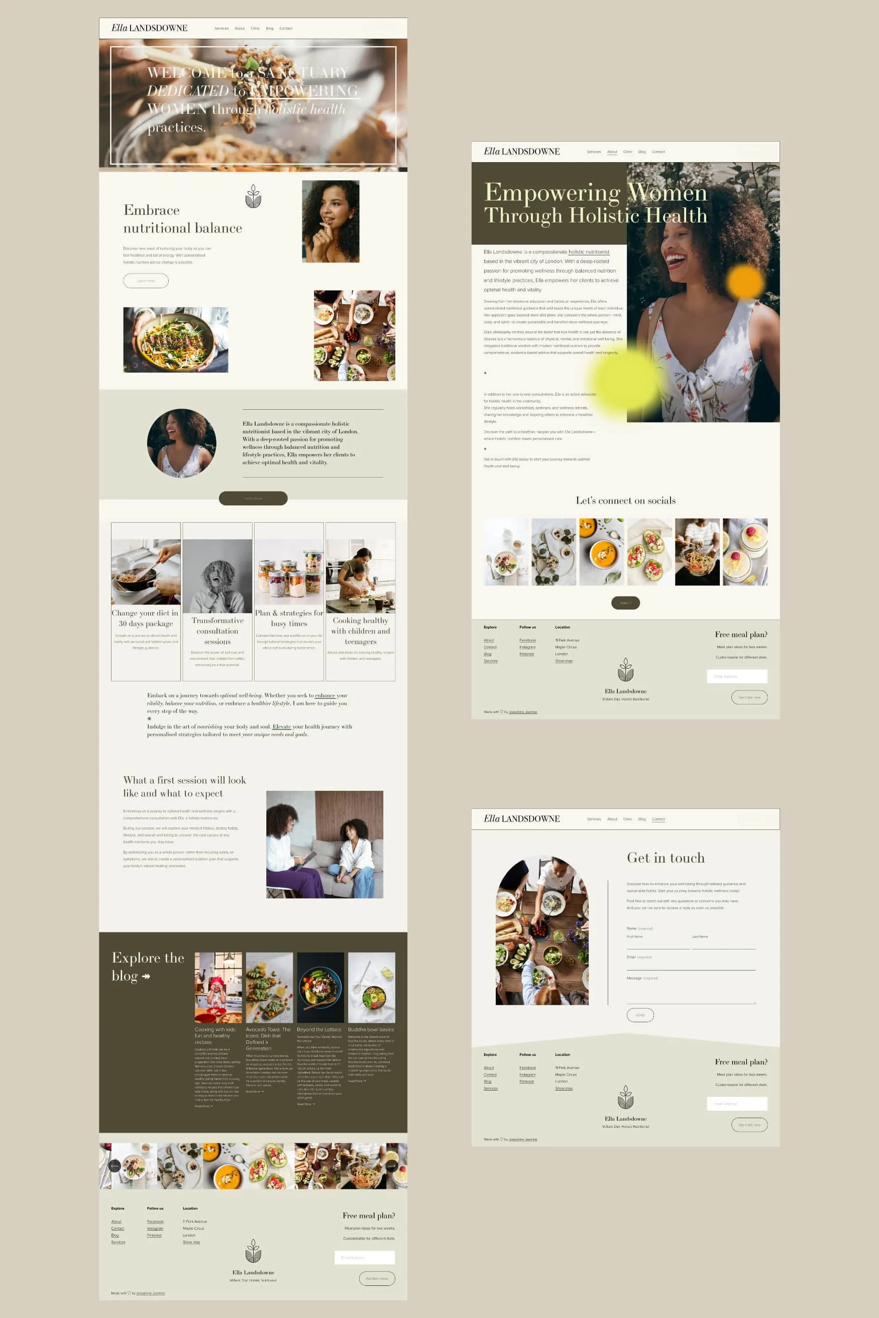 Screenshots of a health and wellness website for Ella Landsdowne, featuring sections on holistic health, nutrition, and social media links, with images of food, a woman smiling, and people in consultations.