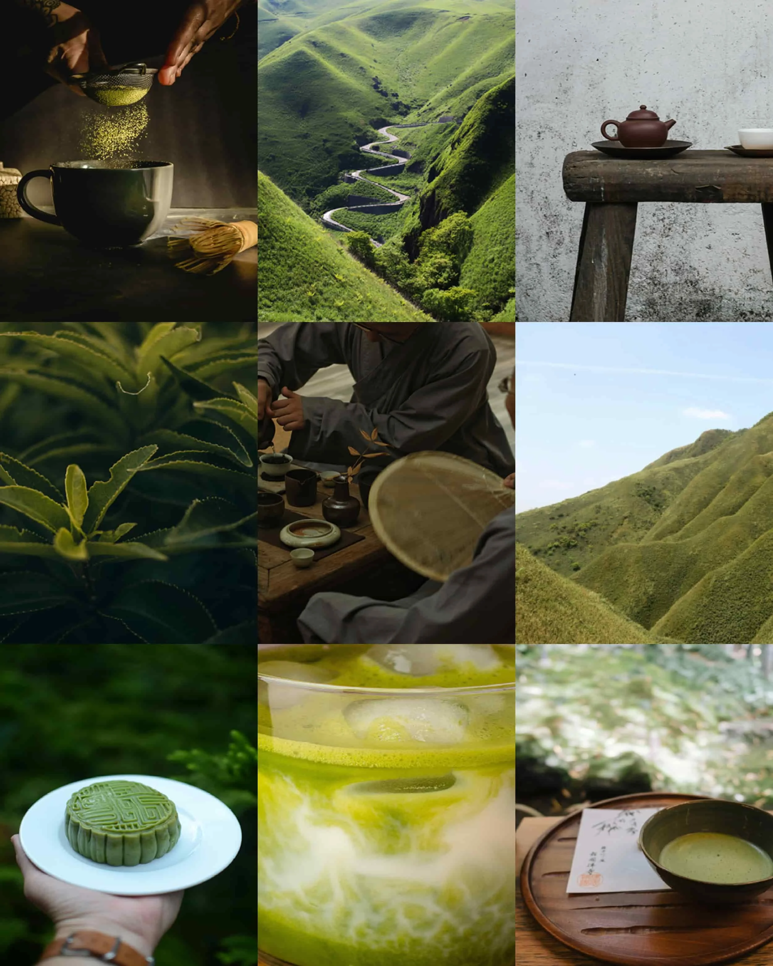 A collage of images showing the process of making and enjoying tea, including green tea fields, tea leaves, tea ceremonies, and prepared tea drinks.