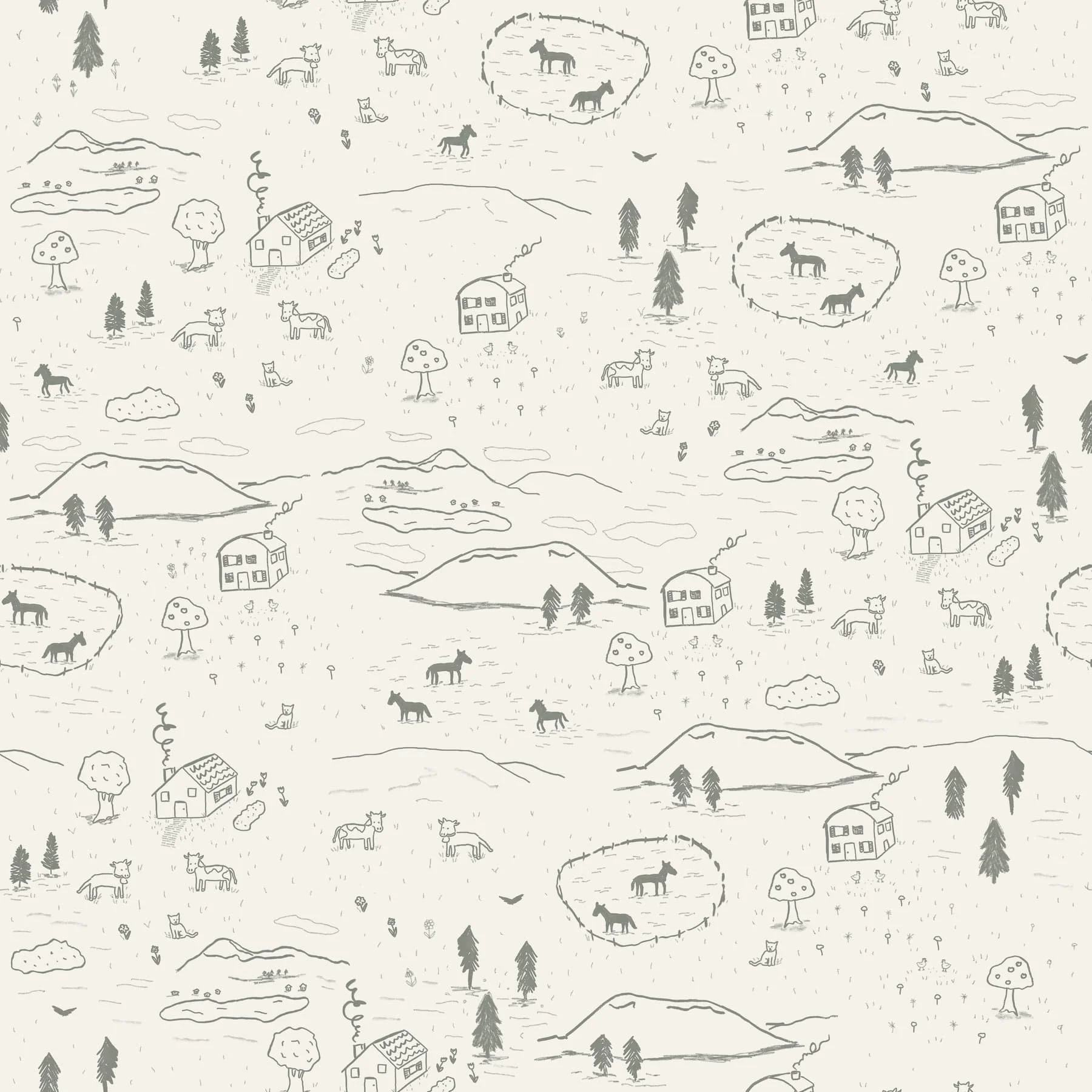 A hand-drawn pattern featuring farms, houses, horses, trees, mountains, ponds, and birds in a rural landscape.