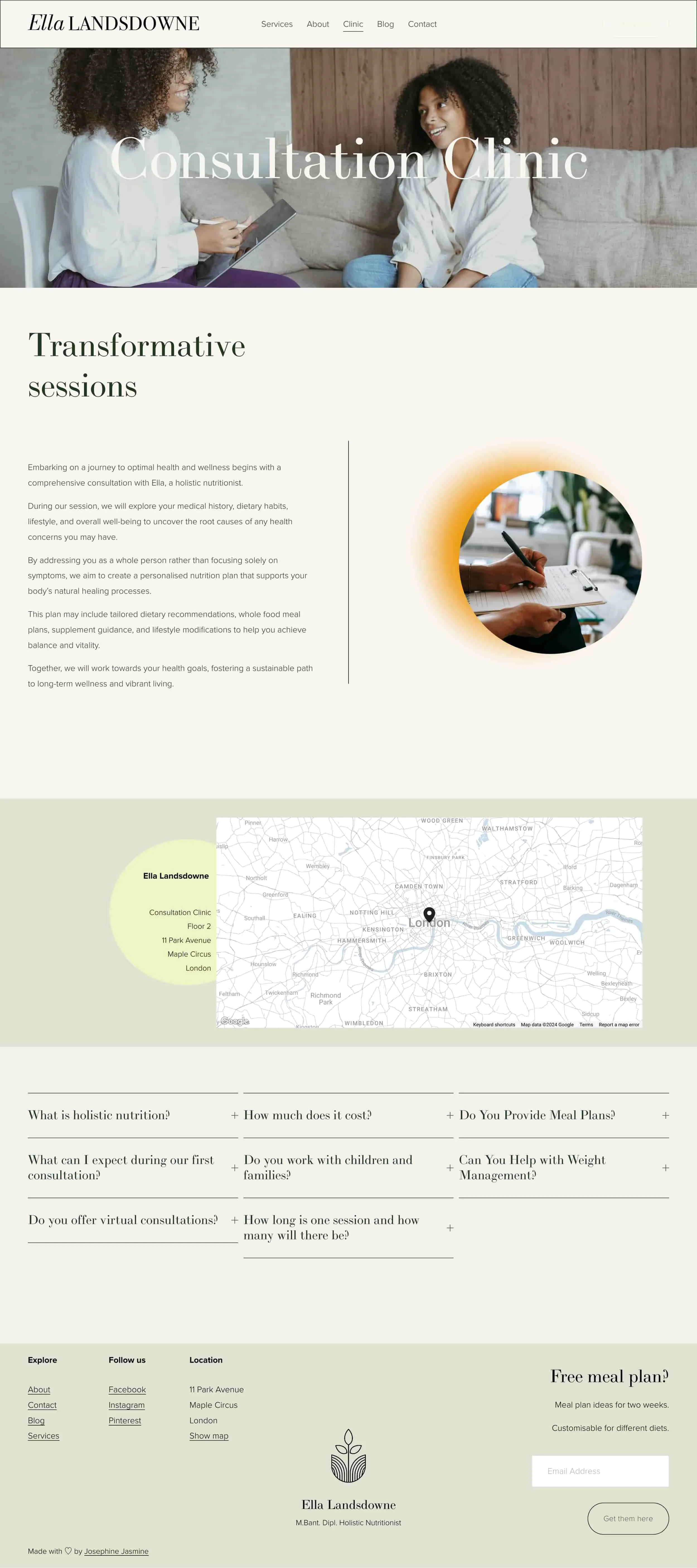 Screenshot of Ella Landsdowne's website homepage showing a consultation clinic service page with images of two women talking, a person writing, a map of London, and contact information.