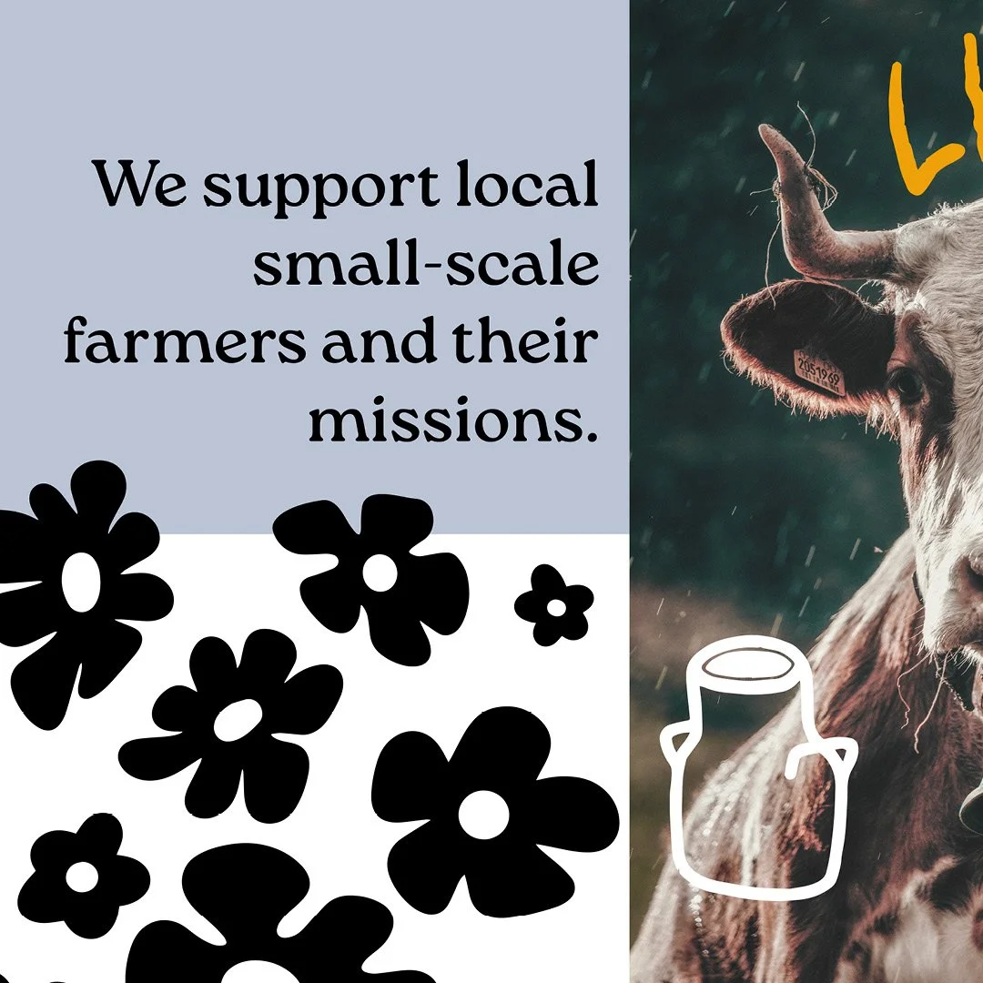 A promotional graphic supporting local small-scale farmers, featuring a cow and a stem of a tree, with black flowers on a split background of light and dark colors.