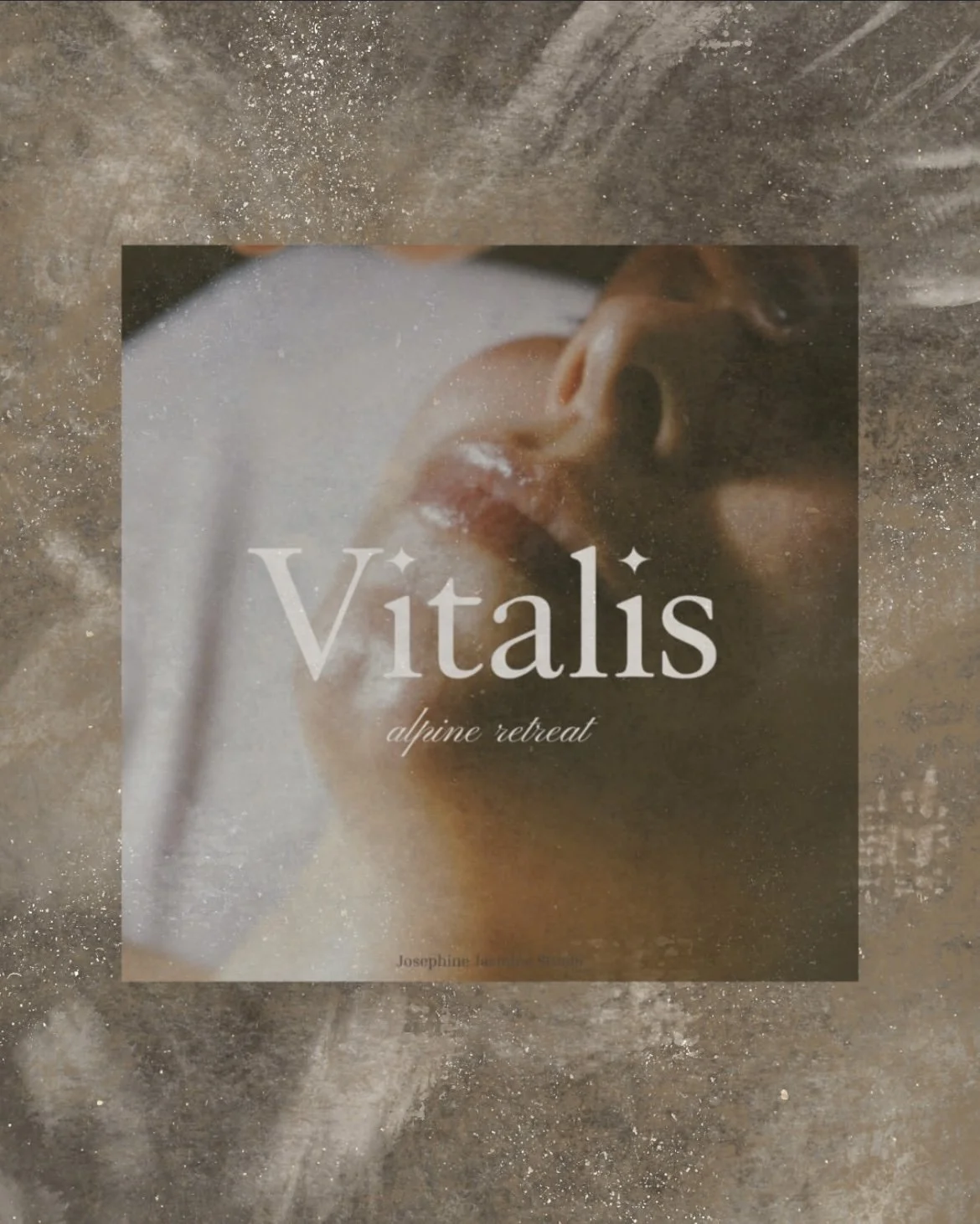 A promotional image for Vitalis alpine retreat with a close-up of a person's face with closed eyes and parted lips, overlaid with the retreat's name in large text.