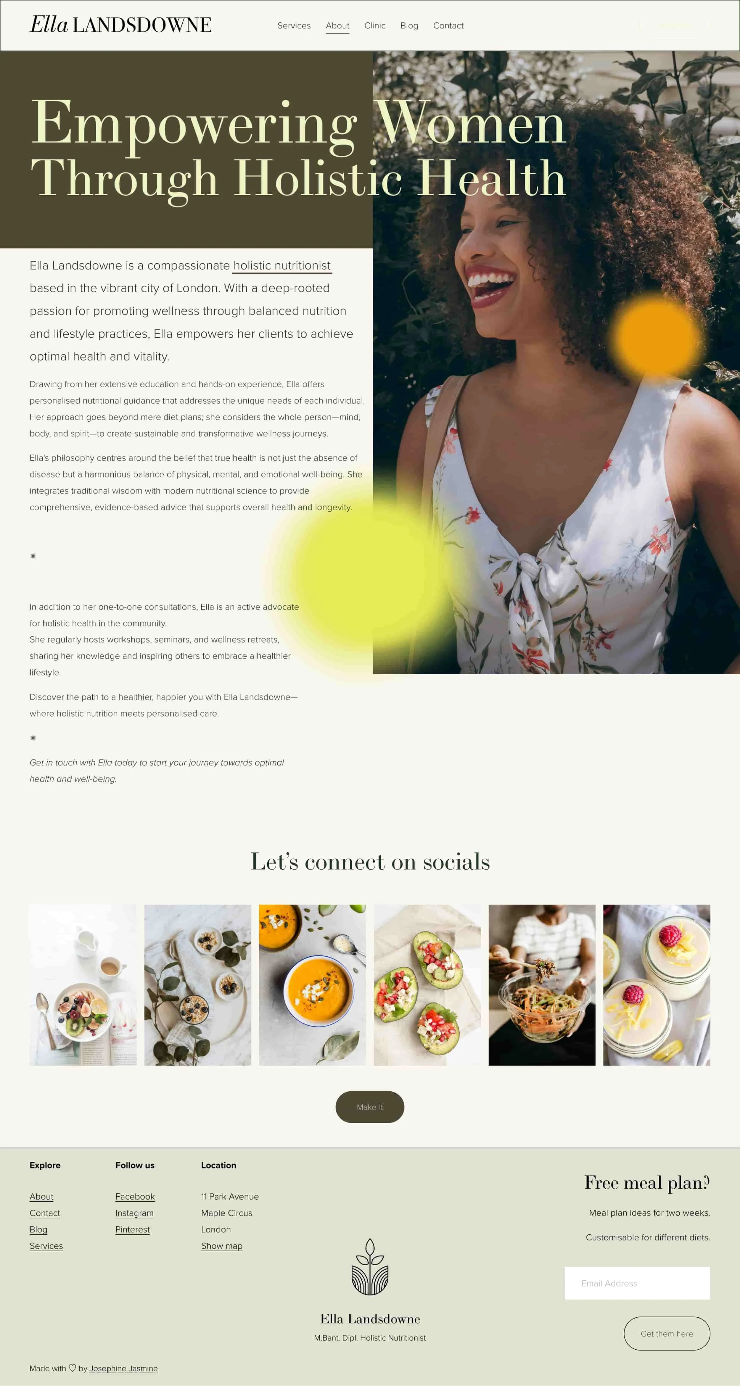 A webpage for Ella Landsdowne, a holistic nutritionist, featuring a large header with the phrase "Empowering Women Through Holistic Health" and a smiling woman with curly hair outdoors. The page includes an introduction to Ella, promoting her holistic health services, social media links, an array of colorful food images, and a sign-up prompt for a free meal plan.