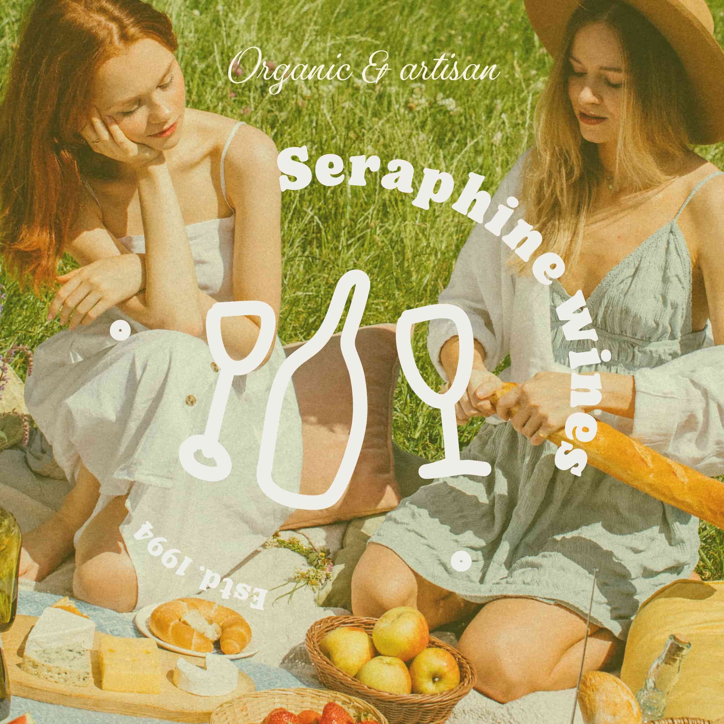 Two women having a picnic on a grassy field with food and drinks, overlaid with text and icons.