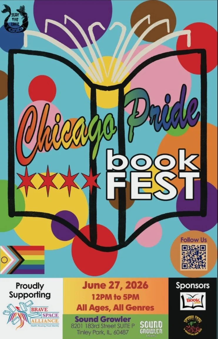 Colorful poster for the Chicago Pride Book Fest on June 27, 2026, 12 PM to 5 PM, at Sound Growler in Tinley Park, Illinois, supporting local organizations, with a rainbow flag and QR code.