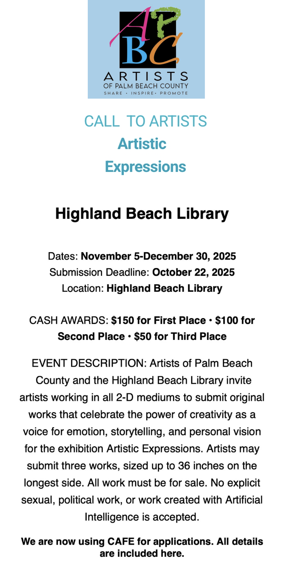 CALL TO ARTISTS - “ARTISTIC EXPRESSIONS” (APBC) Nov 5 to Dec 30 - Submission Deadline 10/22/2025