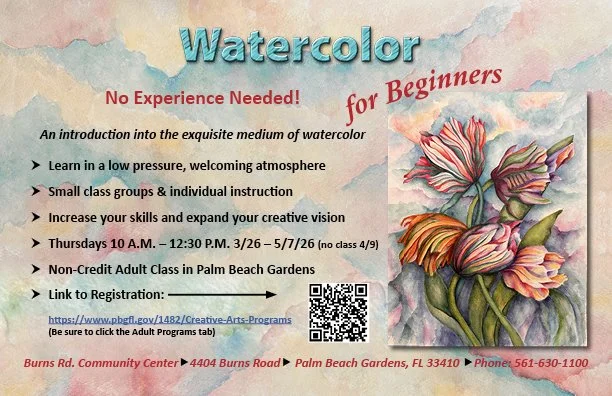 WATERCOLOR FOR BEGINNERS - by SUSAN OAKES Sign up for classes on THURSDAYs March 26 to June 7 (no class April 9)