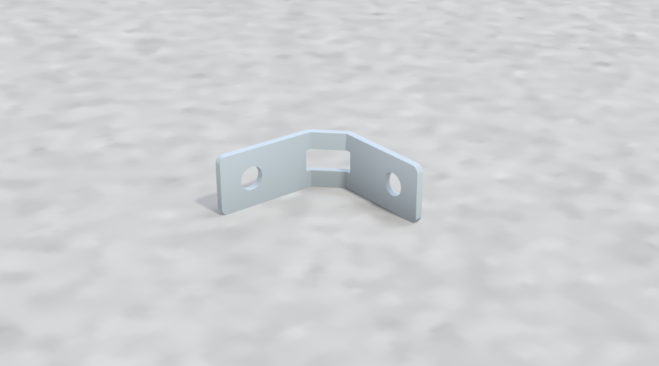 A small, light blue, L-shaped metal bracket with two holes, placed on a textured, light-colored surface.