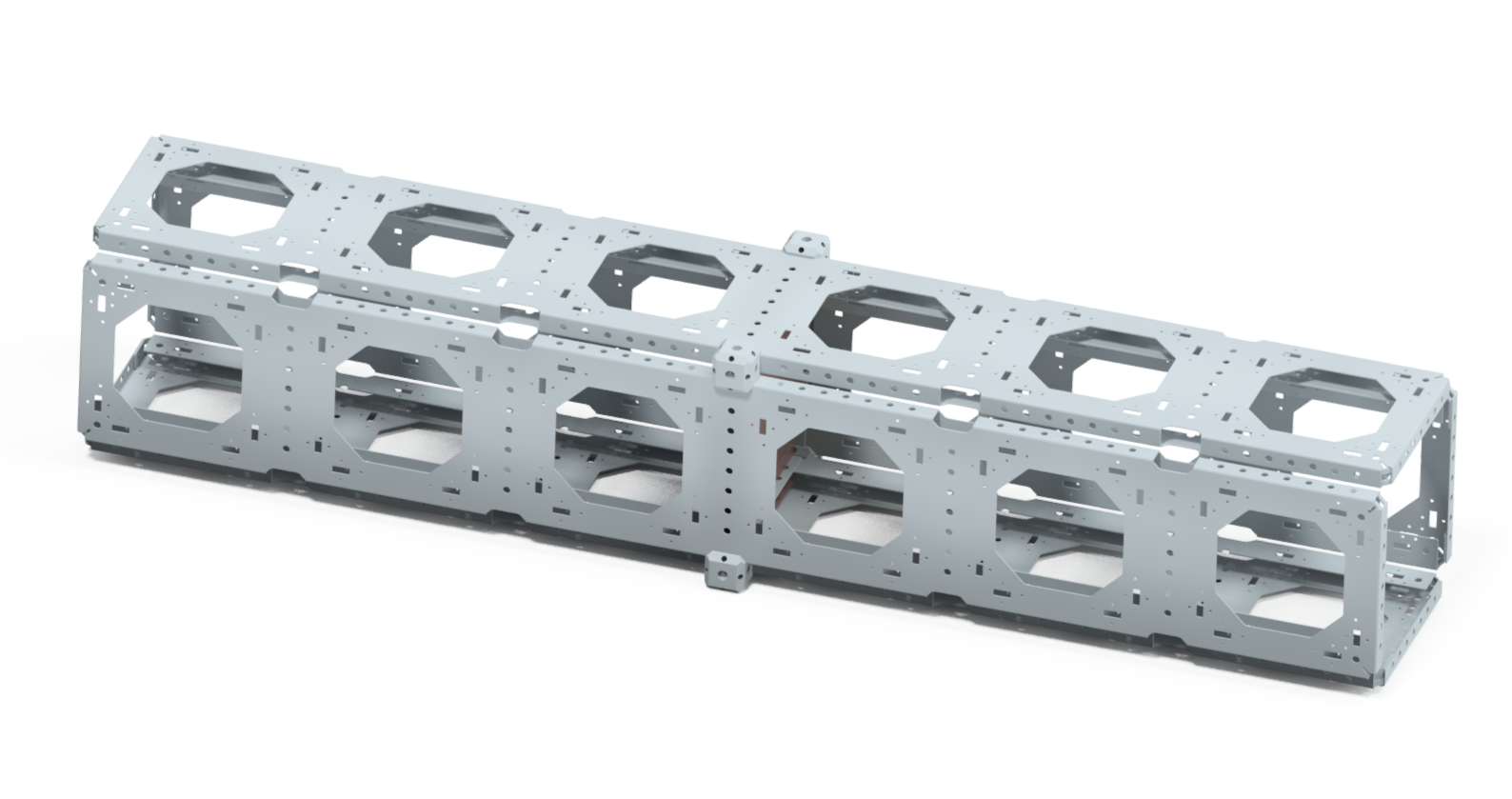 A sleek, metallic structural frame with multiple cutouts and slots, resembling a component of a machine or piece of equipment.