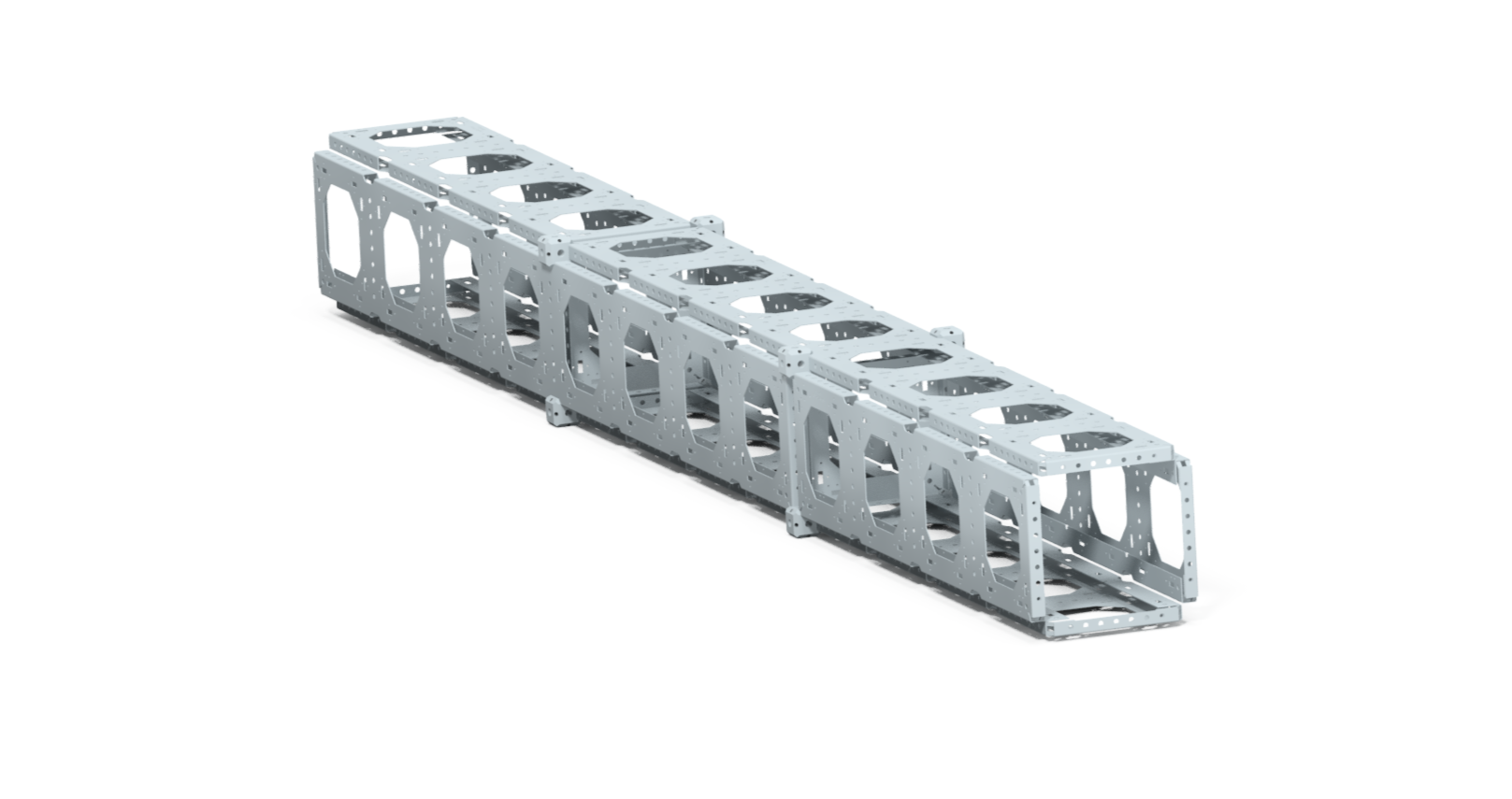 A metallic LEGO-style bridge or structural model with a hollow rectangular frame and multiple support braces.