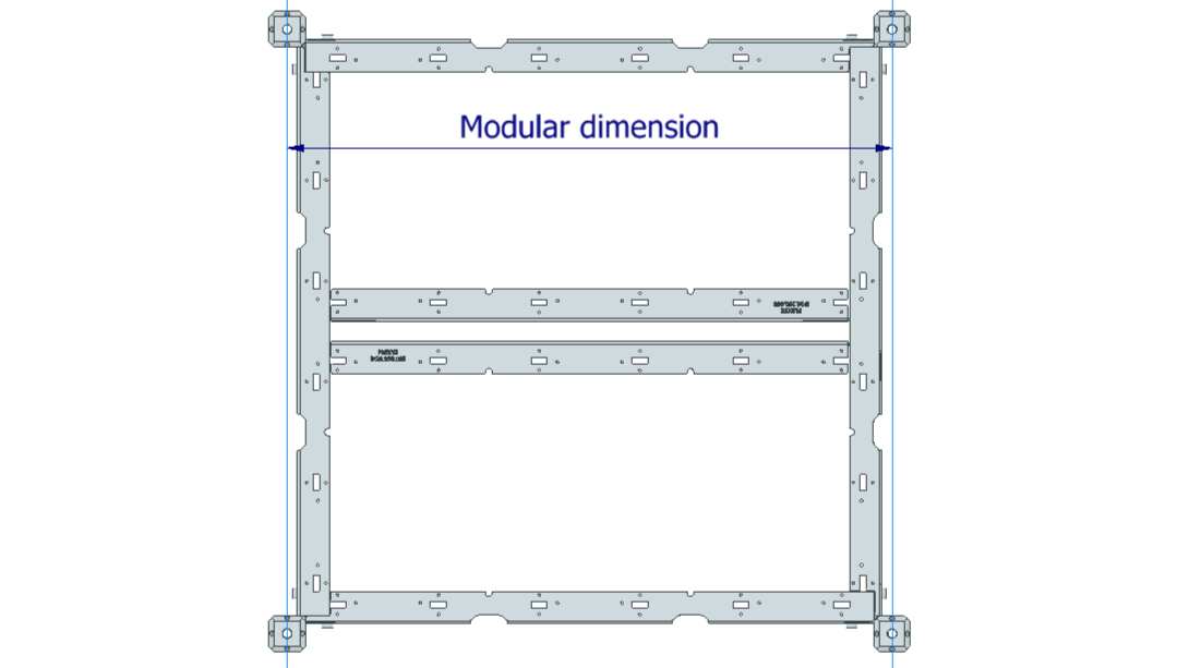 Diagram of a modular steel frame structure with labeled dimensions.