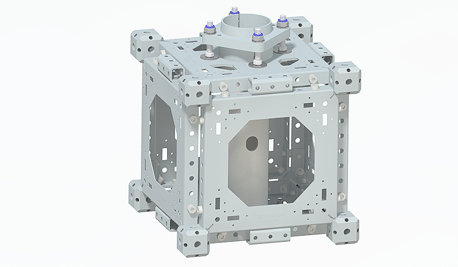 Metal mechanical structure with a solid frame, multiple screws, and a circular component at the top.