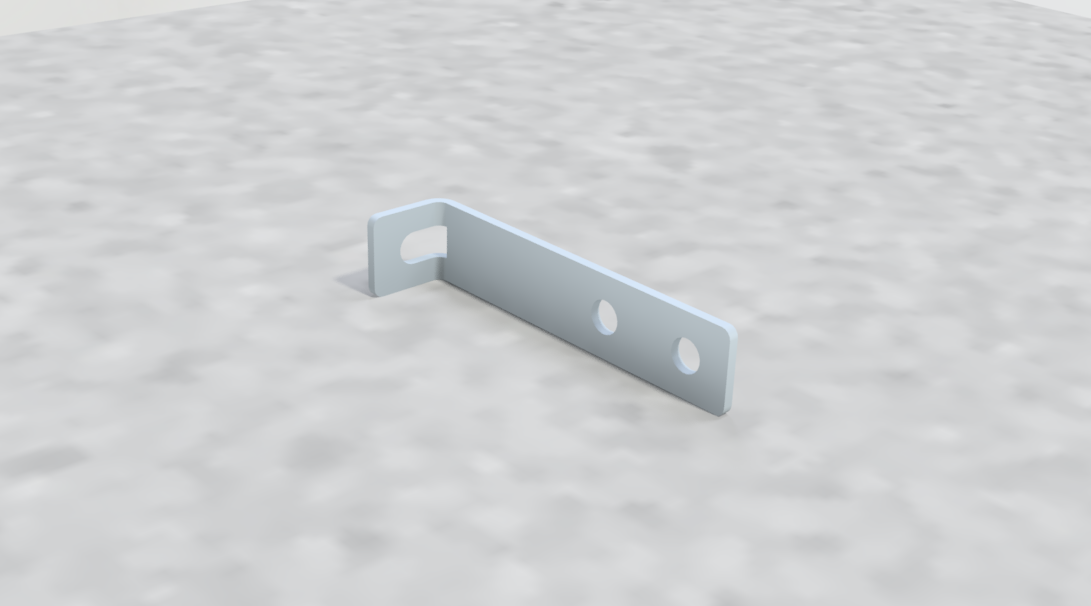 A small, light gray metal bracket with two holes and a hook on one end, placed on a snowy surface.
