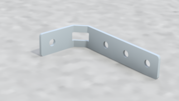 A metal L-shaped bracket with four holes, resting on a snowy surface.