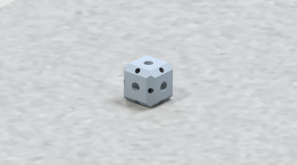 A small white die with black dots on a textured surface.
