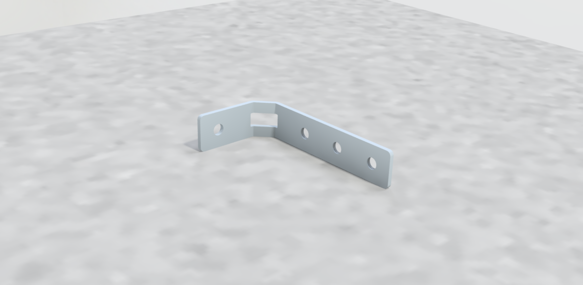 Metal L-bracket with five holes, placed on a textured white surface.