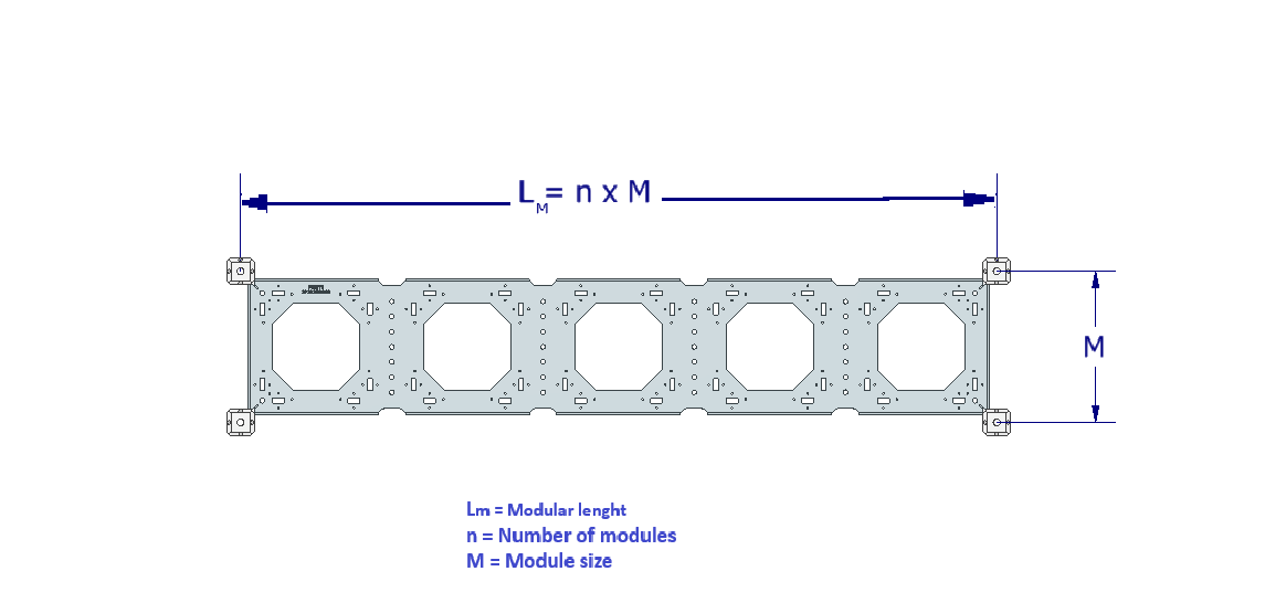 Technical drawing of a modular construction component with labeled dimensions for length, module count, and size.