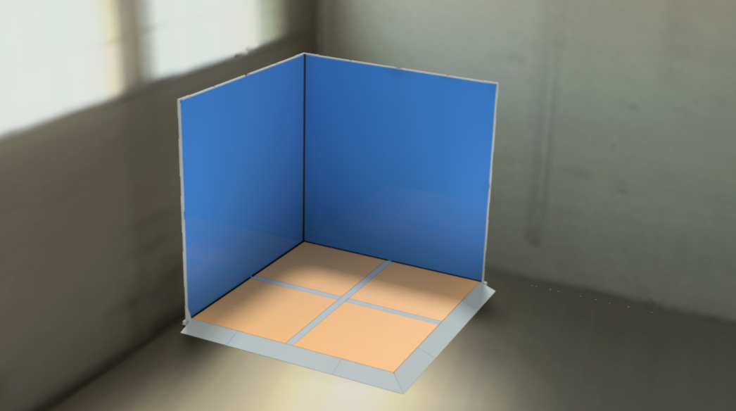 A small corner display booth with blue walls and a beige tiled floor.
