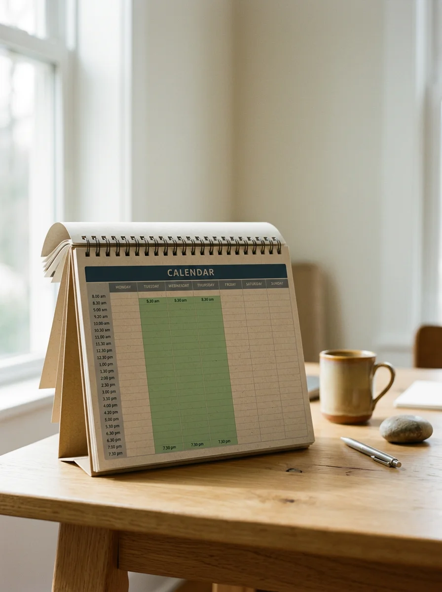 A desk calendar displaying scheduled meetings from 8:30 am to 7:30 pm on Tuesday, Wednesday and Thursday, with a coffee mug, a rock, and a pen on a wooden table near a window in a bright room.