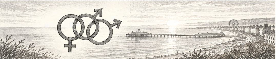 Black and white illustration of three interlinked gender symbols over a seaside scene with a pier, buildings, and a Ferris wheel in the distance.