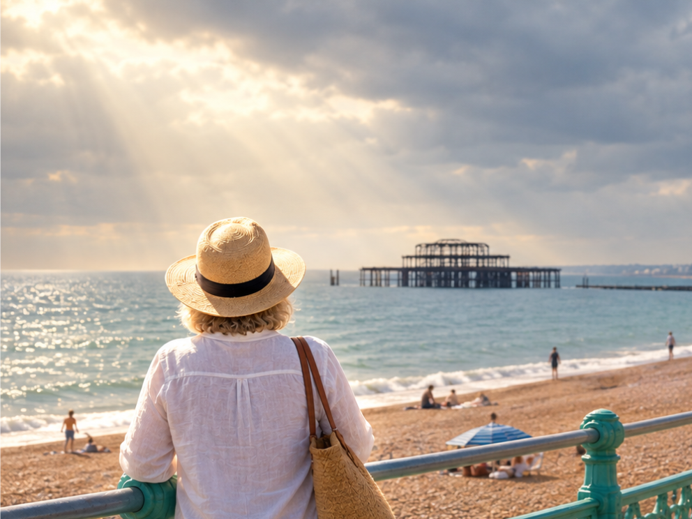 A person wearing a sunhat and white shirt looking at the ocean on a beach with a pier in the distance.