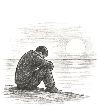 A person sitting alone on the ground, looking down, with a large setting sun in the background, creating a thoughtful or melancholic mood.