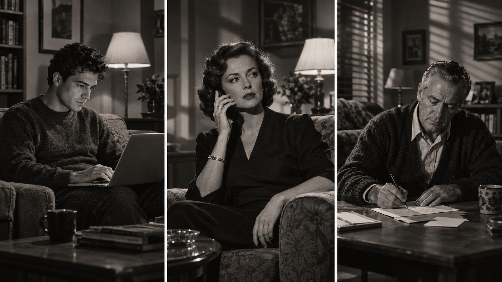 A black and white image of three people in a living room, each in separate frames. The first person is a young man with curly hair, sitting on a couch and working on a laptop. The second person is a woman with short, wavy hair, sitting on a sofa, holding a phone to her ear. The third person is an older man with gray hair, writing on papers at a table. The room has lamps, framed pictures, bookshelves, and a cozy, homey atmosphere.
