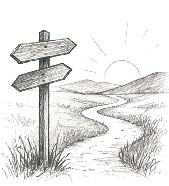 Black and white drawing of a winding path through grass and hills with a wooden signpost and the sun rising or setting in the background.
