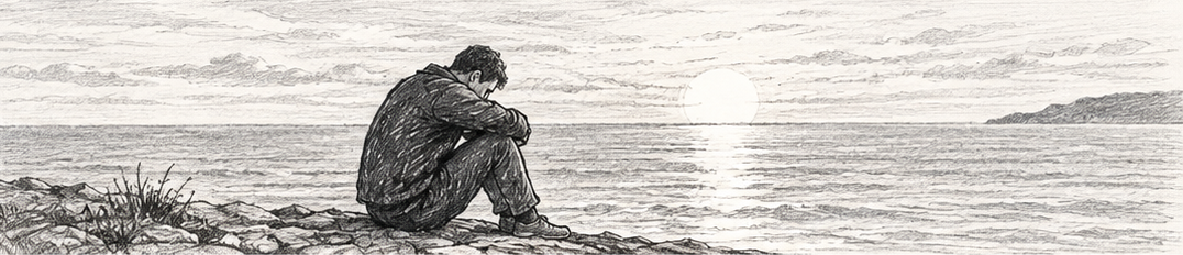 A drawing of a person sitting on a rocky shore, looking at the sunset over the ocean.