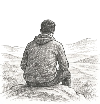 A man sitting on a rock looking out over a landscape of mountains and a body of water.