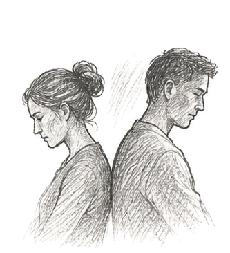 Line drawing of a woman and a man standing back to back with heads bowed, expressing sadness or contemplation.