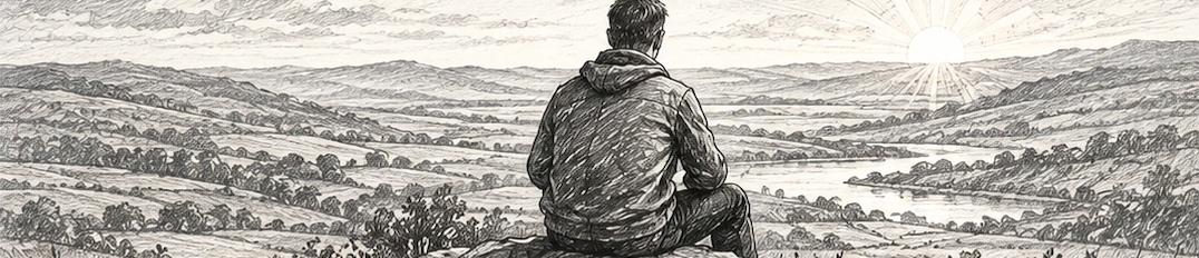 A person sitting on a rock hill overlooking a landscape at sunrise or sunset, with rolling hills, valleys, and a river.