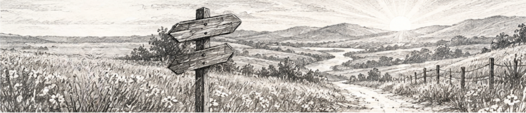 Black and white sketch of a countryside landscape with a dirt path, fence, and a signpost in the foreground.