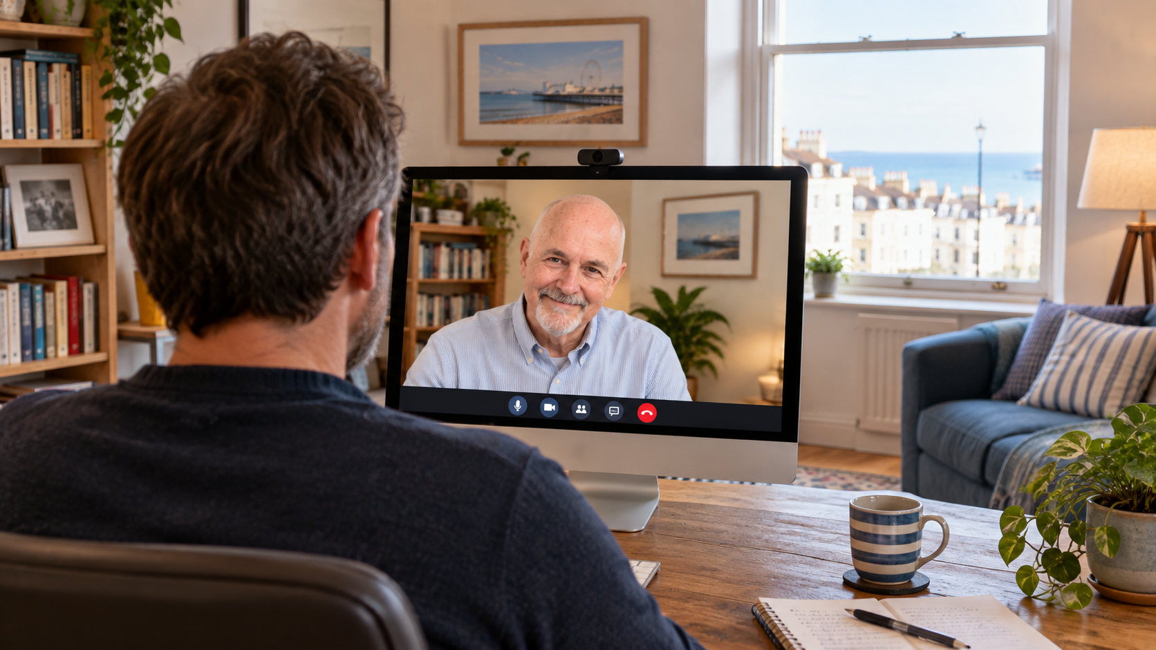 A man with brown hair seen from behind during a video call on a computer, with an older man with a beard smiling on the screen. The room has bookshelves, paintings, a window with a view of buildings and the sea, a blue sofa, a potted plant, a striped mug, and a notebook with a pen on a wooden table.