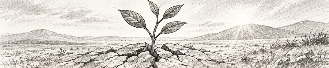 A black and white drawing of a small plant growing from cracked soil with mountains in the background and the sun setting or rising on the horizon.