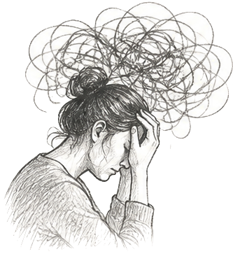 A sketch of a woman with her head in her hand, appearing distressed, with a scribbled cloud above her head representing confusion or worry.