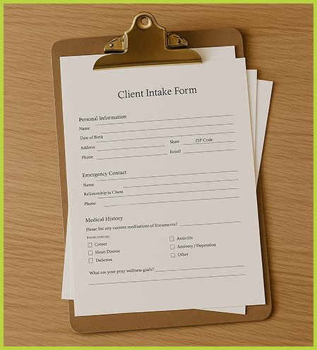 A clipboard holding a blank client intake form on a wooden desk.