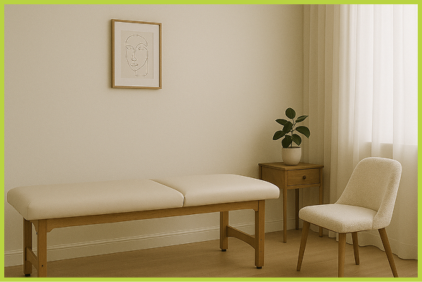 A minimalist room with a beige massage or examination table, a wooden side table with a potted plant, a light-colored upholstered chair, a framed line drawing of a face on the wall, and sheer curtains letting in natural light.