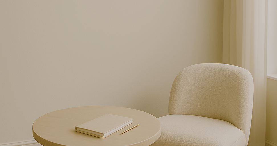 A beige upholstered chair next to a small round wooden table with a notebook and a pen, against a beige wall and a window with vertical blinds.