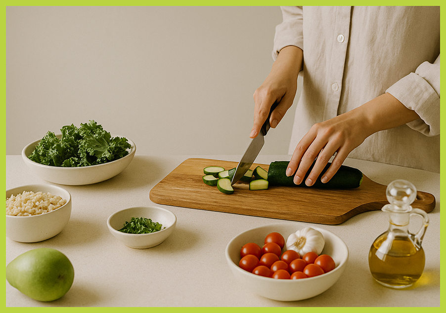 Person chopping cucumbers on a wooden cutting board surrounded by bowls of cherry tomatoes, garlic, oil, rice, lettuce, and herbs.