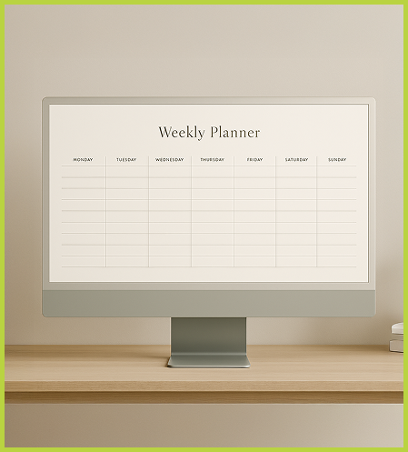 Computer monitor displaying a weekly planner with days of the week and empty scheduling lines, on a wooden desk.