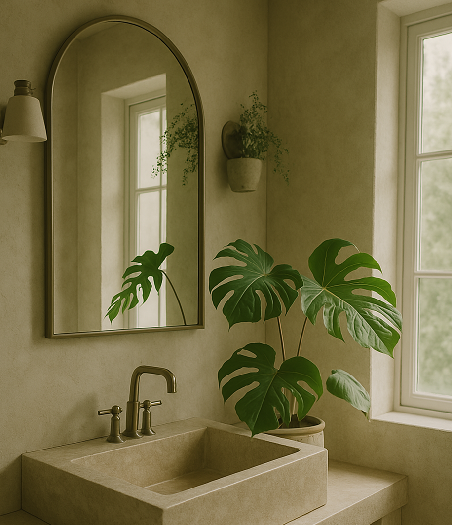 Bathroom with beige sink, large green monstera plant, mirror, wall-mounted plant holder, and window with natural light.