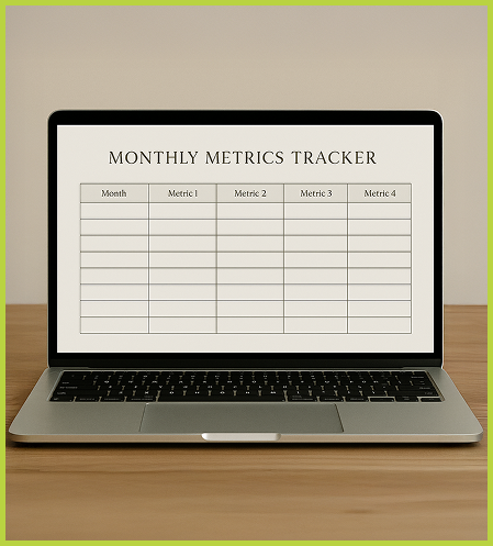 Laptop displaying a monthly metrics tracker with a table for recording data, placed on a wooden desk.