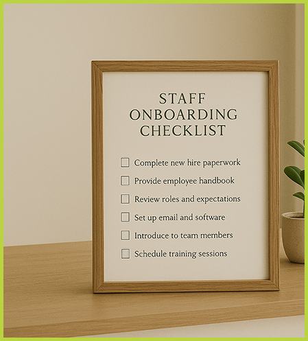 Framed staff onboarding checklist on a wooden table with six checkboxes and items to complete, next to a potted plant.